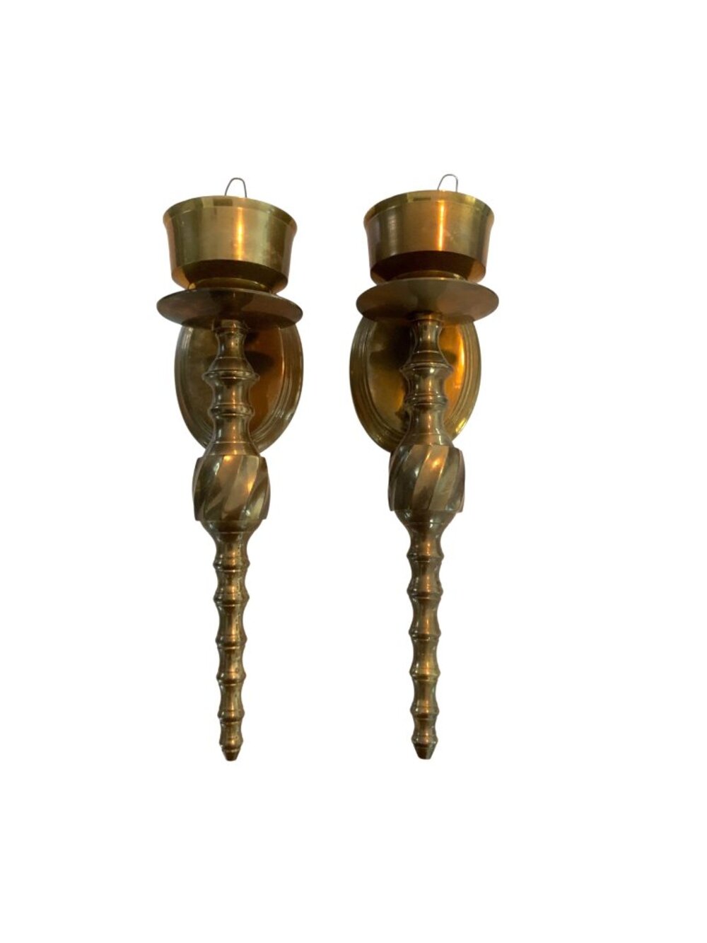 Vintage Antique Brass Candle Wall Sconces With Ornate Spiral Design - Set Of 2